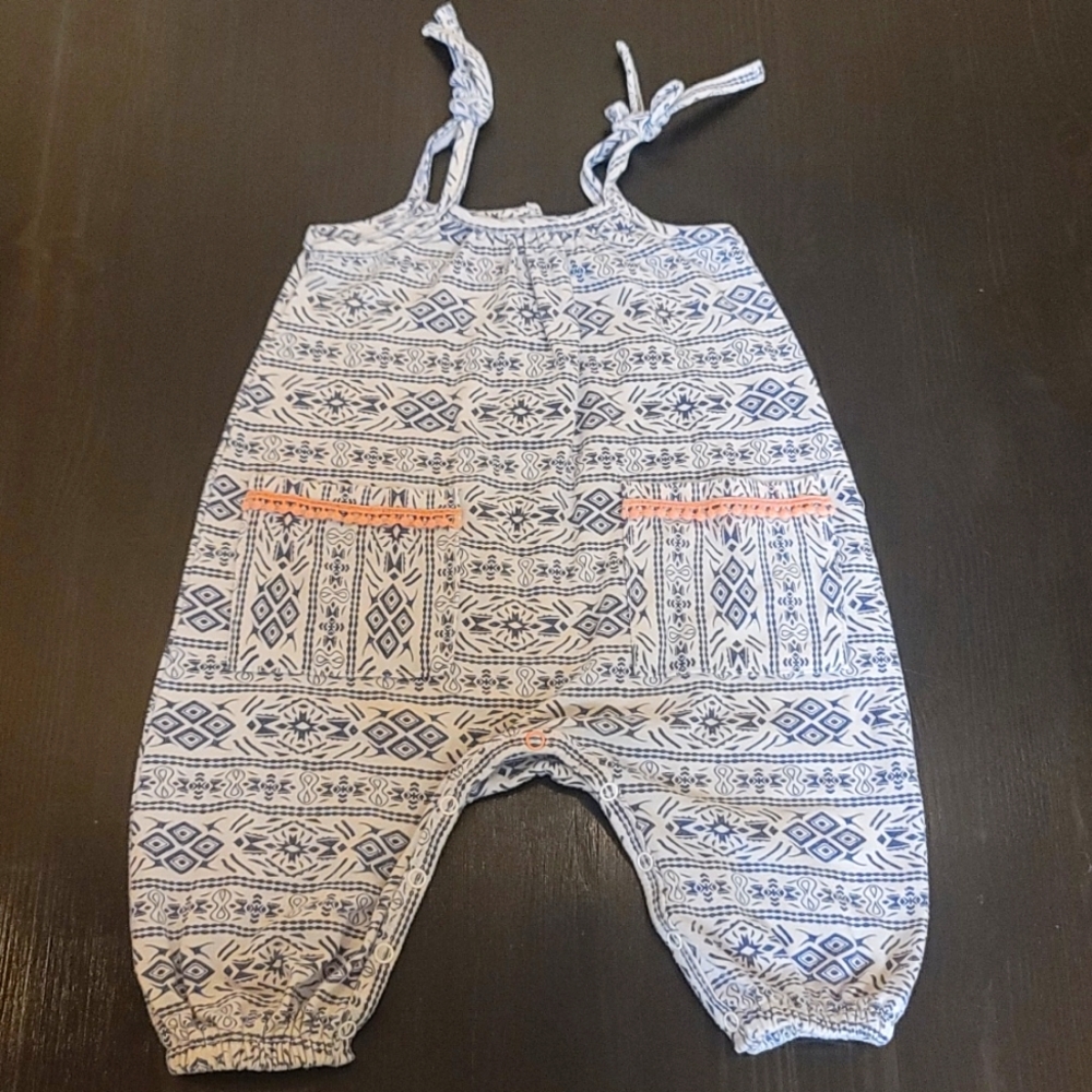 Jessica Simpson romper. White with blue pattern, pink accent Size 3-6 months